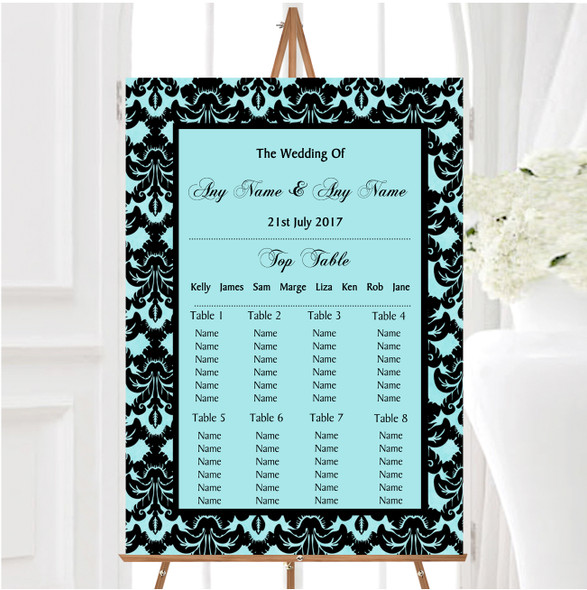 Aqua Sky Blue Black Damask & Diamond Personalised Wedding Seating Table Plan