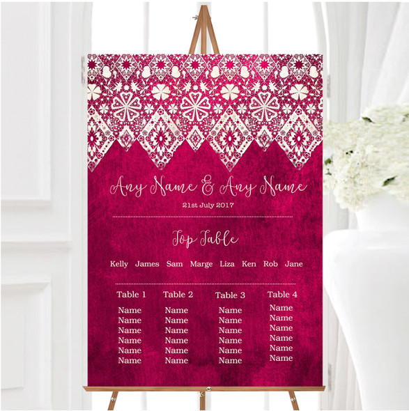 Berry Pink Old Paper & Lace Effect Personalised Wedding Seating Table Plan