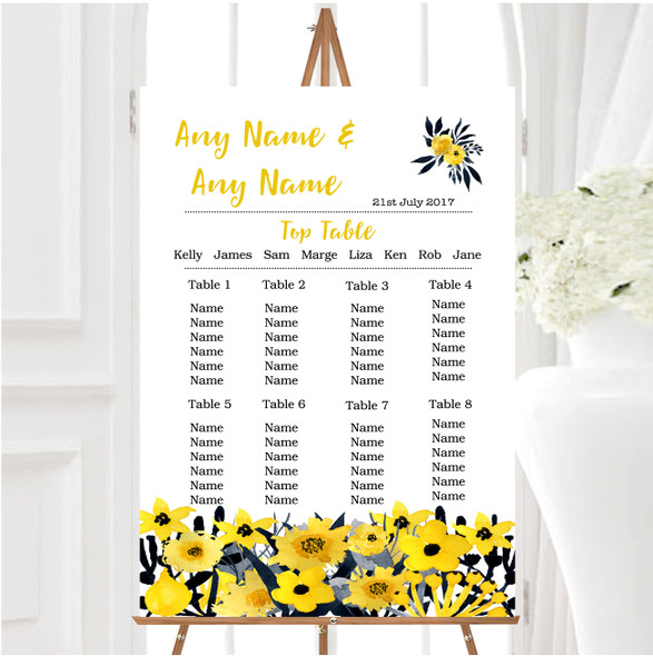 Black & Yellow Watercolour Flowers Personalised Wedding Seating Table Plan