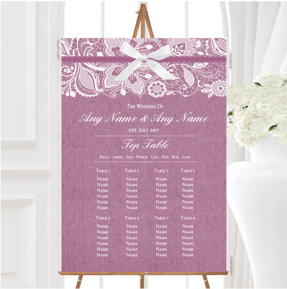 Vintage Plum Purple Burlap & Lace Personalised Wedding Seating Table Plan