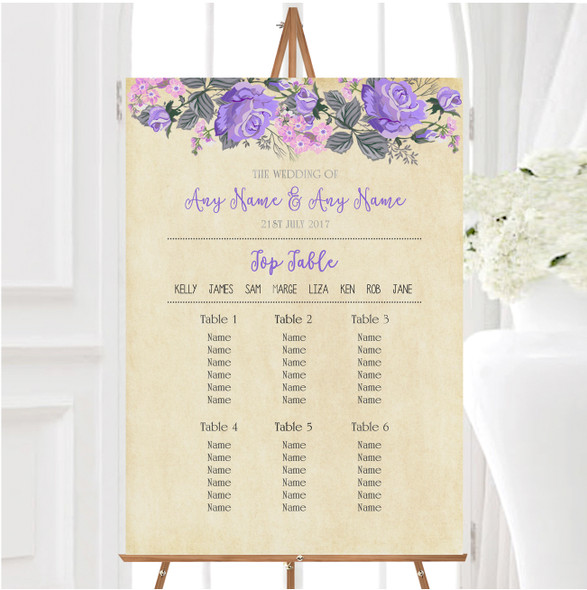 Vintage Purple & Pink Watercolour Personalised Wedding Seating Table Plan