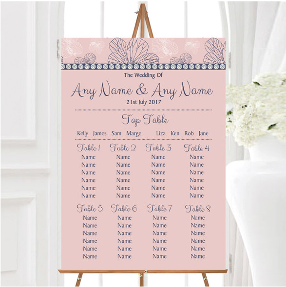 Dusty Coral Pink And Blue Floral Personalised Wedding Seating Table Plan