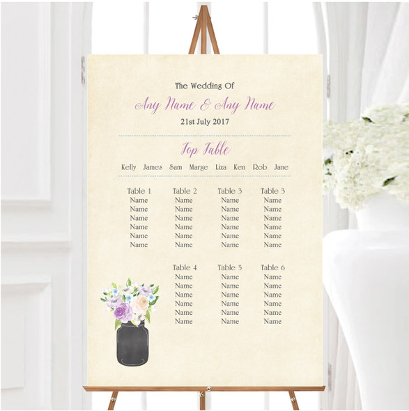 Lilac & Blue Flower Vase Vintage Personalised Wedding Seating Table Plan