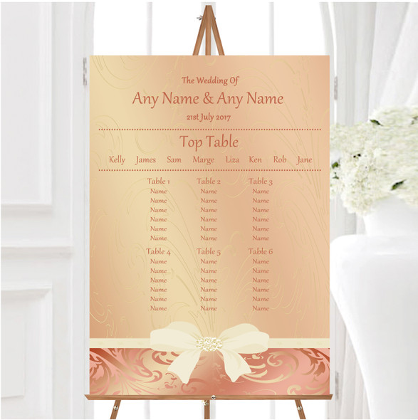Cream Pale Coral Peach Pink Bow Personalised Wedding Seating Table Plan