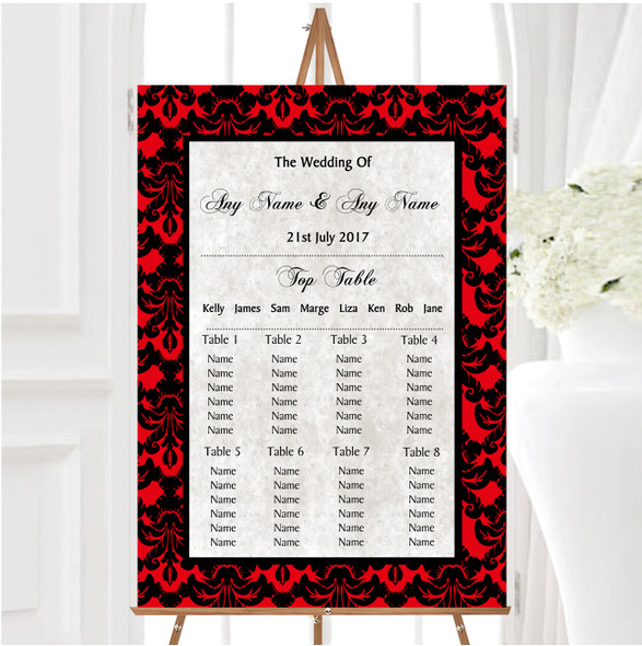 Deep Red Black Damask & Diamond Personalised Wedding Seating Table Plan