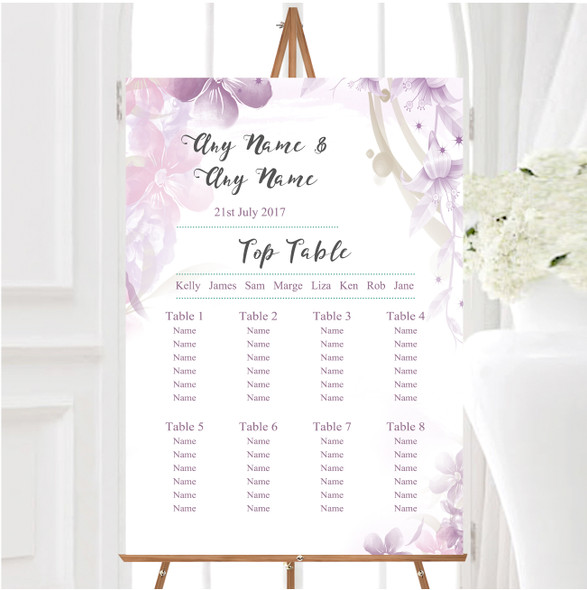 Pale Purple Watercolour Floral Personalised Wedding Seating Table Plan