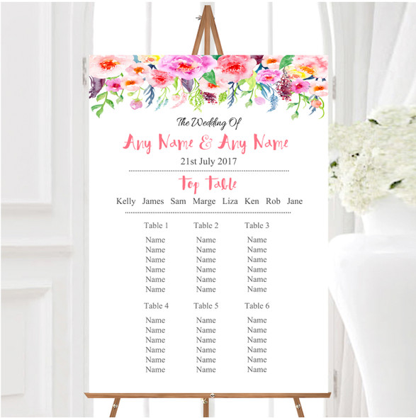 Coral Pink Watercolour Floral Personalised Wedding Seating Table Plan