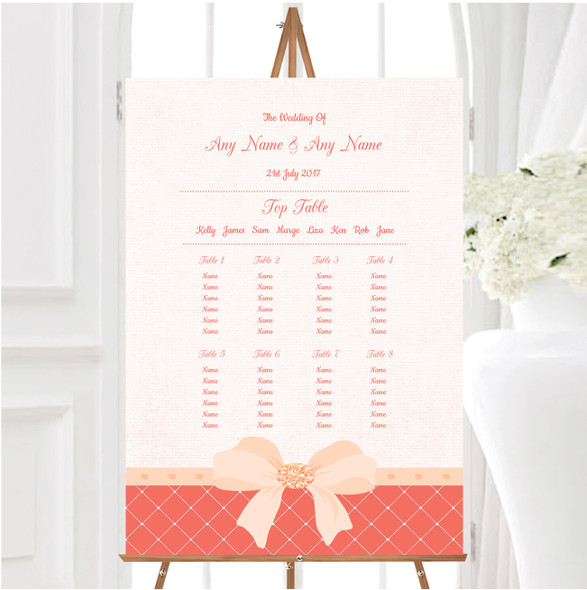 Quilted Look Coral Bow Personalised Wedding Seating Table Plan