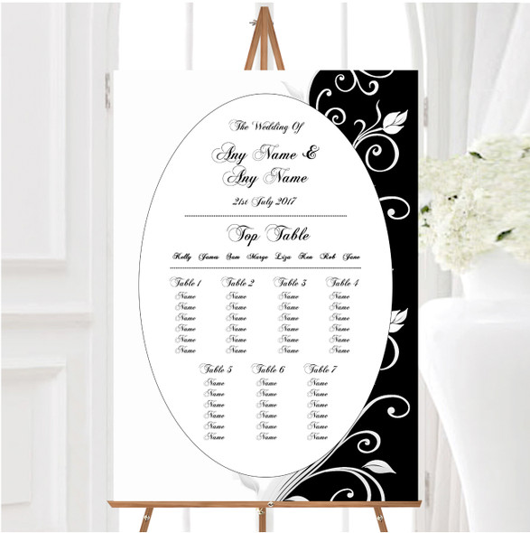 White Black Scroll Personalised Wedding Seating Table Plan