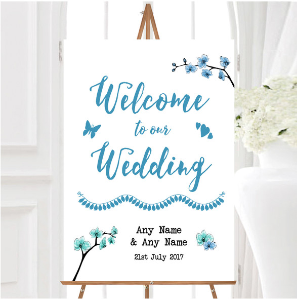 Blue Green Cherry Blossom Watercolour Personalised Any Text Welcome Wedding Sign