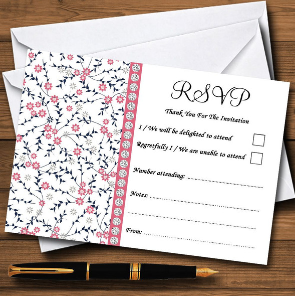 Dusty Coral Pink And Navy Blue Floral RSVP Cards