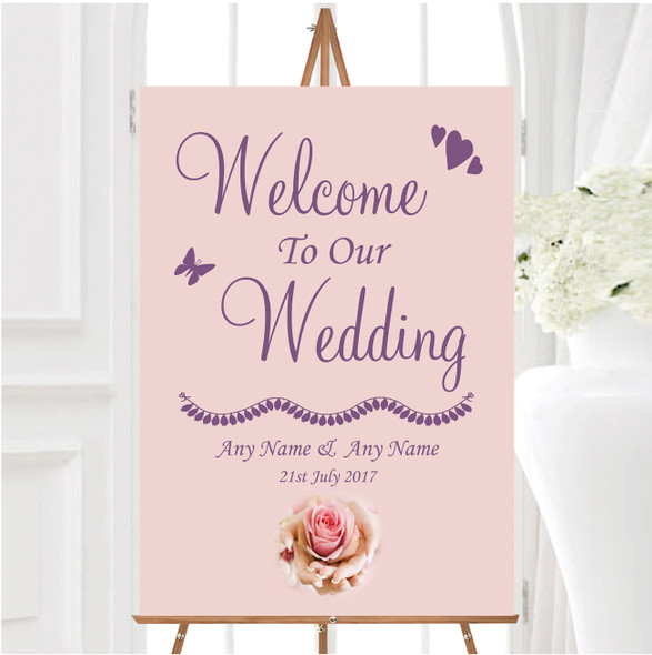 Pink Lilac Flower In Hand Personalised Any Wording Welcome To Our Wedding Sign