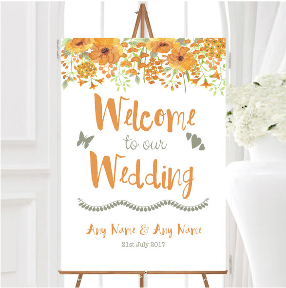 Watercolour Floral Orange Personalised Any Wording Welcome To Our Wedding Sign