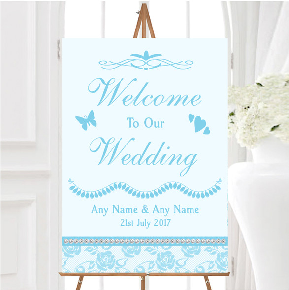 Pretty Sky Blue Floral Diamante Personalised Any Wording Welcome Wedding Sign