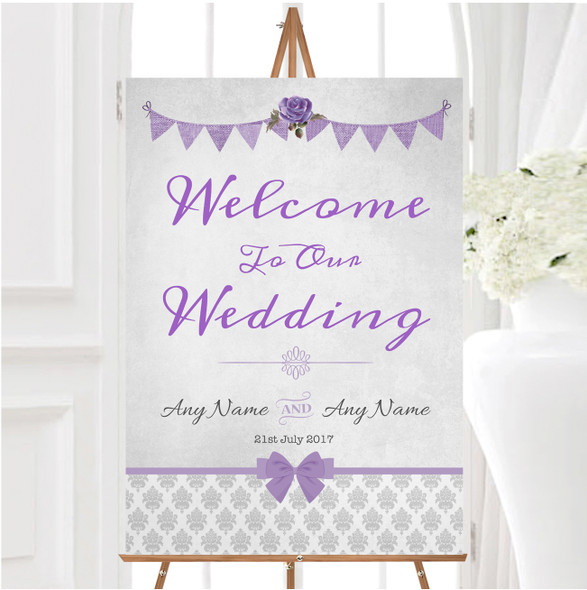 Vintage Rustic Style Bunting Purple Silver Personalised Welcome Wedding Sign
