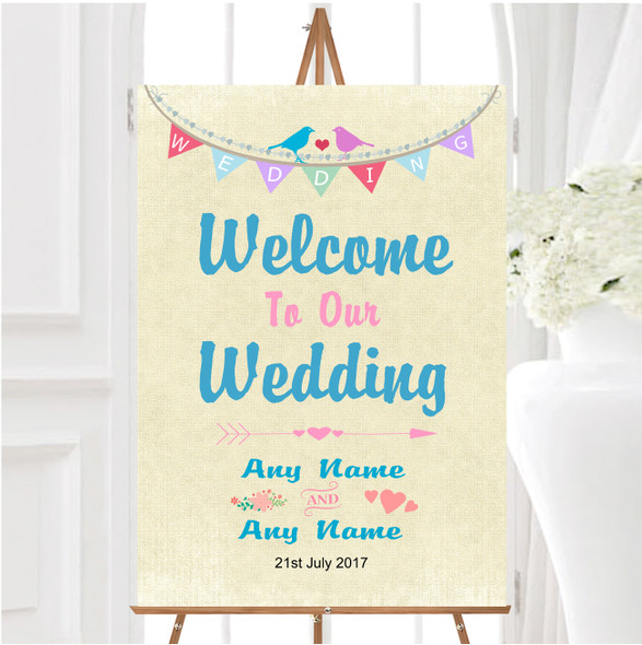 Vintage Shabby Chic Love Birds And Bunting Personalised Welcome Wedding Sign