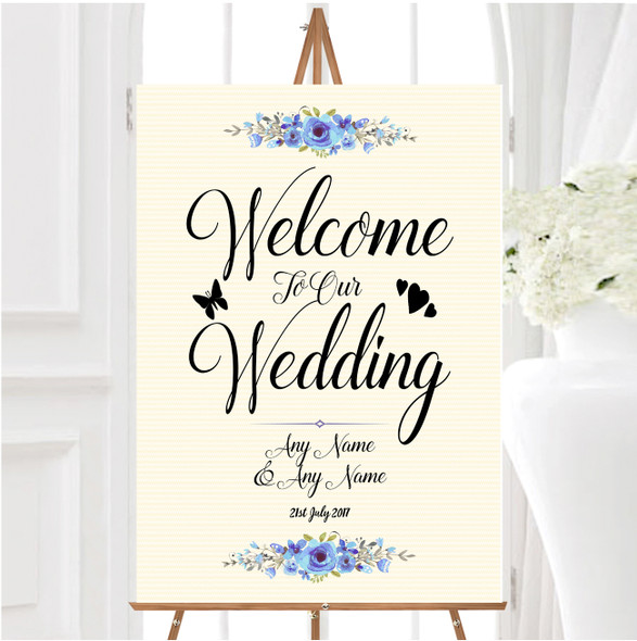 Watercolour Blue Floral Rustic Personalised Any Wording Welcome Wedding Sign