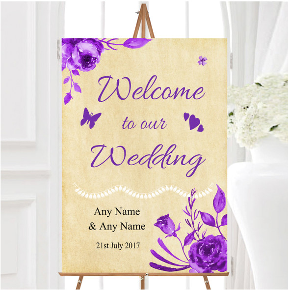 Vintage Cadbury Purple Watercolour Floral Personalised Welcome Wedding Sign