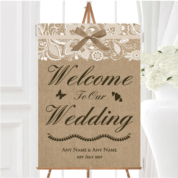 Vintage Burlap Lace Personalised Any Wording Welcome To Our Wedding Sign