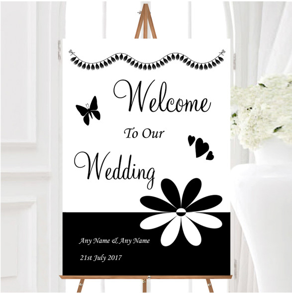 Black White Flower Personalised Any Wording Welcome To Our Wedding Sign