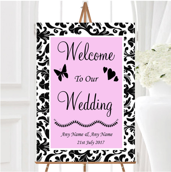 Black Pink Damask Personalised Any Wording Welcome To Our Wedding Sign
