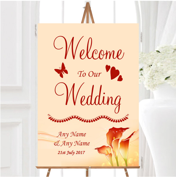 Red Orange Lily Personalised Any Wording Welcome To Our Wedding Sign