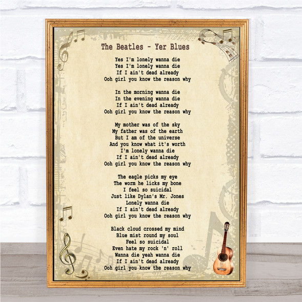 The Beatles Yer Blues Song Lyric Quote Print