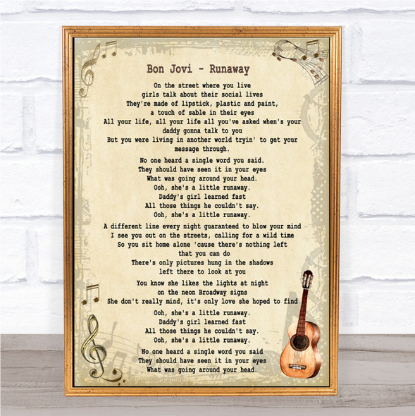 Bon Jovi Runaway Song Lyric Quote Print