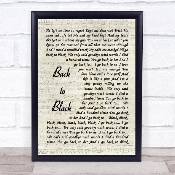 Back To Black Amy Winehouse Script Quote Song Lyric Print