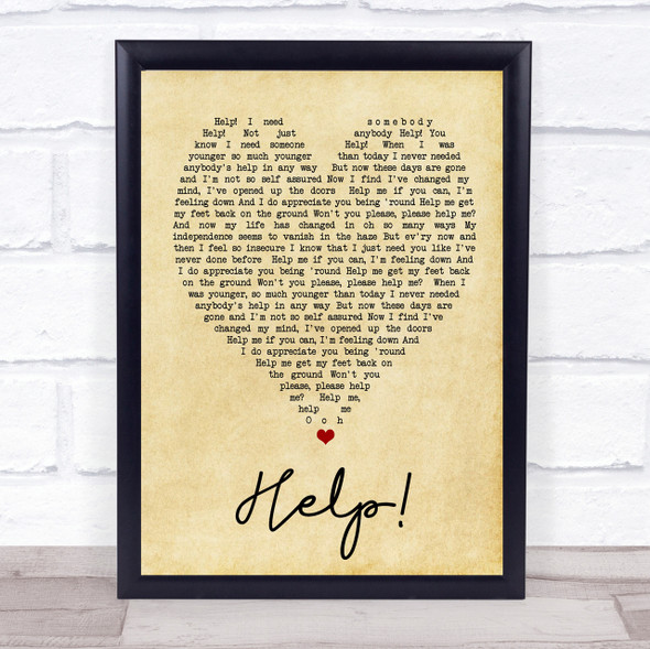 Help The Beatles Vintage Heart Quote Song Lyric Print