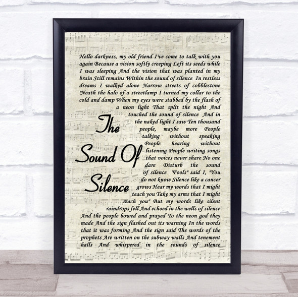 The Sound Of Silence Simon & Garfunkel Song Lyric Vintage Script Quote Print