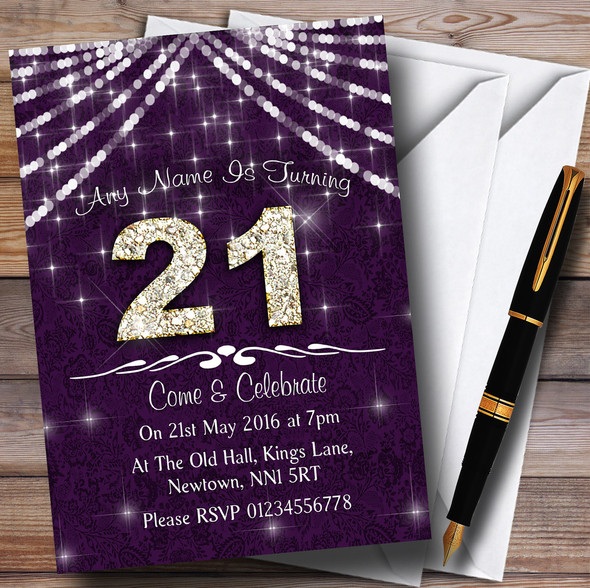 21St Purple & White Bling Sparkle Birthday Party Customised Invitations