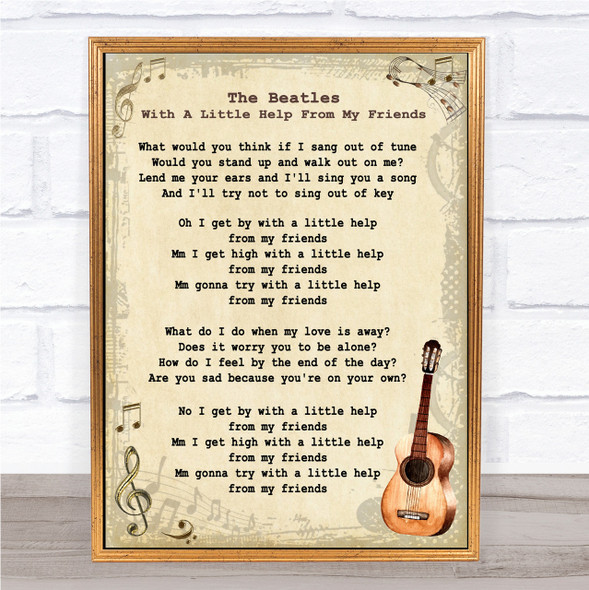 The Beatles With A Little Help From My Friends Song Lyric Vintage Quote Print
