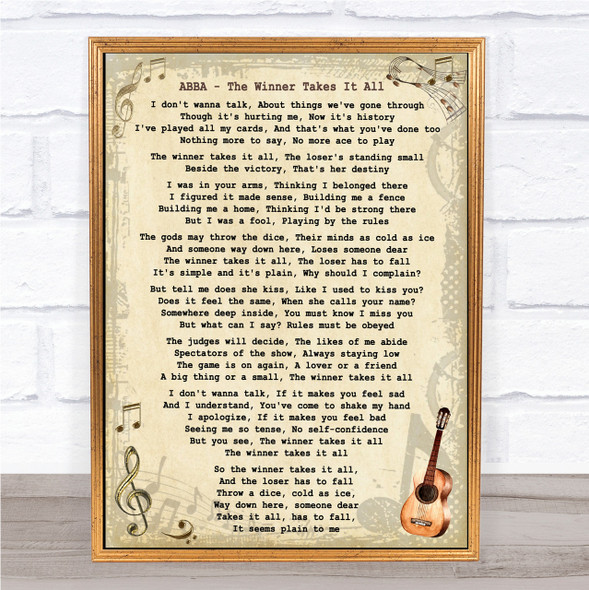 ABBA The Winner Takes It All Song Lyric Vintage Quote Print