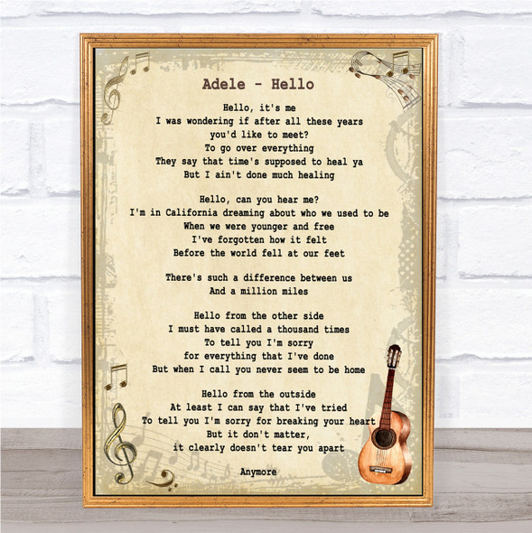 Adele Hello Song Lyric Vintage Quote Print