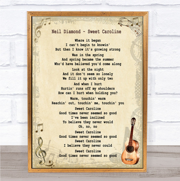 Neil Diamond Sweet Caroline Song Lyric Vintage Quote Print