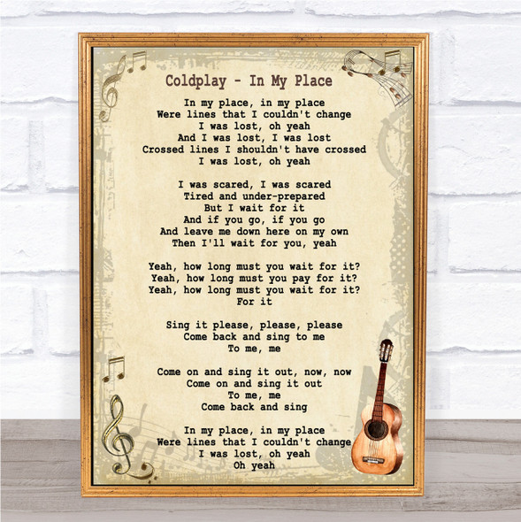 Coldplay In My Place Song Lyric Vintage Quote Print