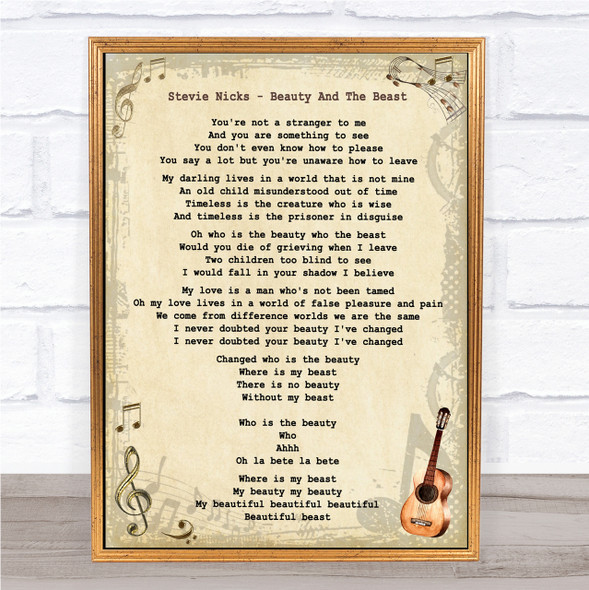 Stevie Nicks Beauty And The Beast Vintage Guitar Song Lyric Quote Print