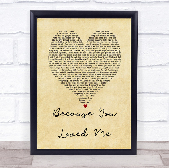 Celine Dione Because You Loved Me Vintage Heart Song Lyric Quote Print