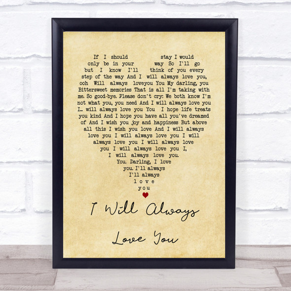 Whitney Houston I Will Always Love You Vintage Heart Song Lyric Quote Print