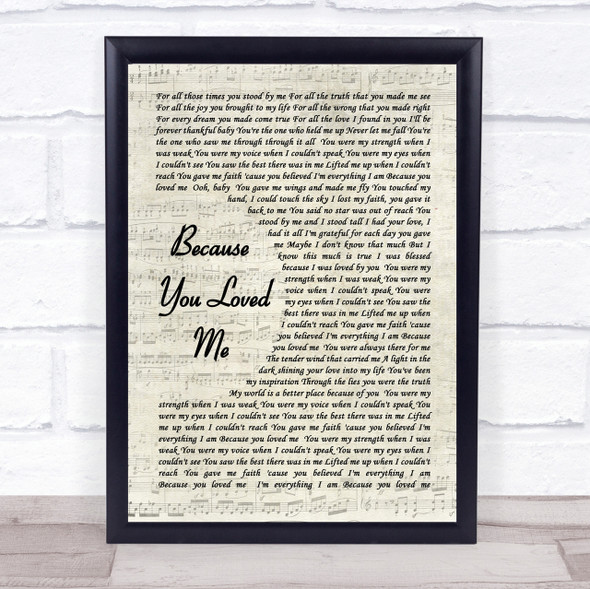 Celine Dione Because You Loved Me Vintage Script Song Lyric Quote Print