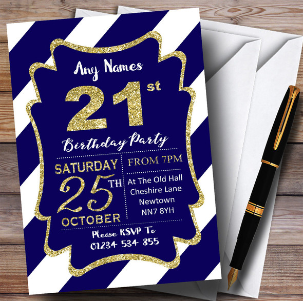 Blue White Diagonal Stripes Gold 21st Customised Birthday Party Invitations