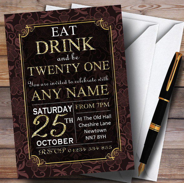 Brown & Gold Flowers 21st Customised Birthday Party Invitations