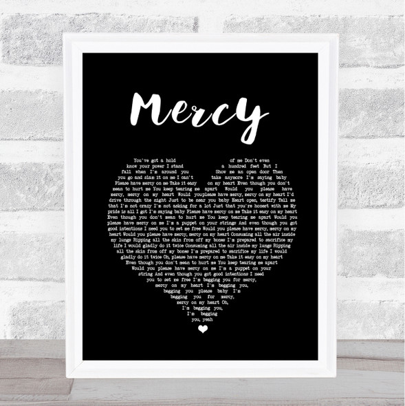 Shawn Mendes Mercy Black Heart Song Lyric Quote Print