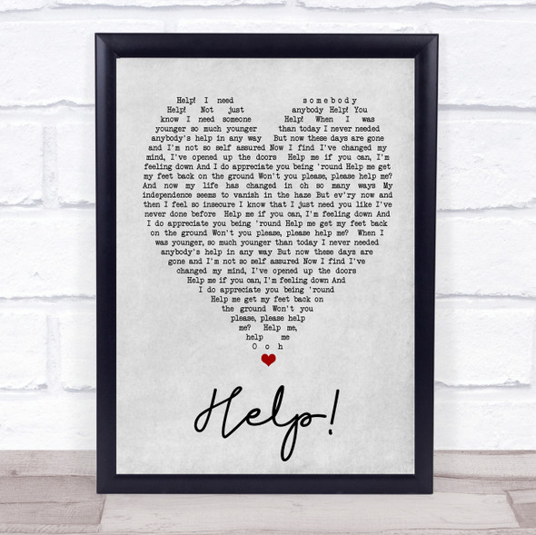 Help The Beatles Grey Heart Song Lyric Quote Print