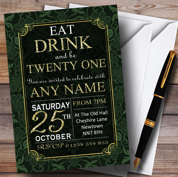 Green & Gold Flowers 21st Customised Birthday Party Invitations