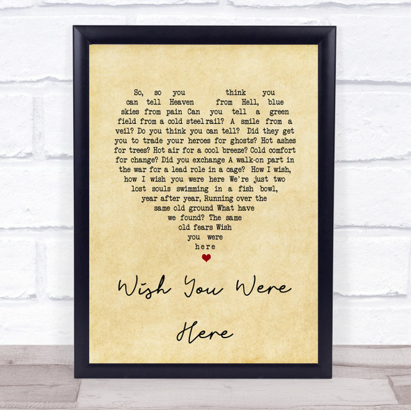 Pink Floyd Wish You Were Here Vintage Heart Song Lyric Quote Print