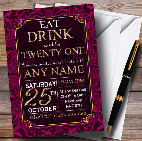 Pink & Gold Flowers 21st Customised Birthday Party Invitations