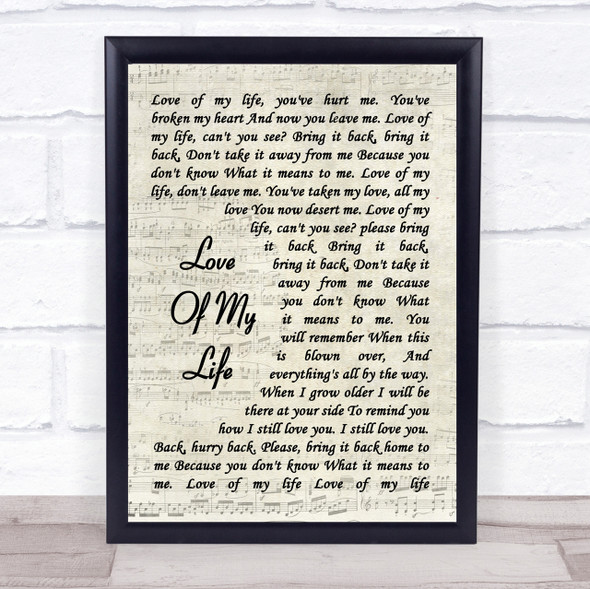 Queen Love Of My Life Song Lyric Vintage Script Quote Print