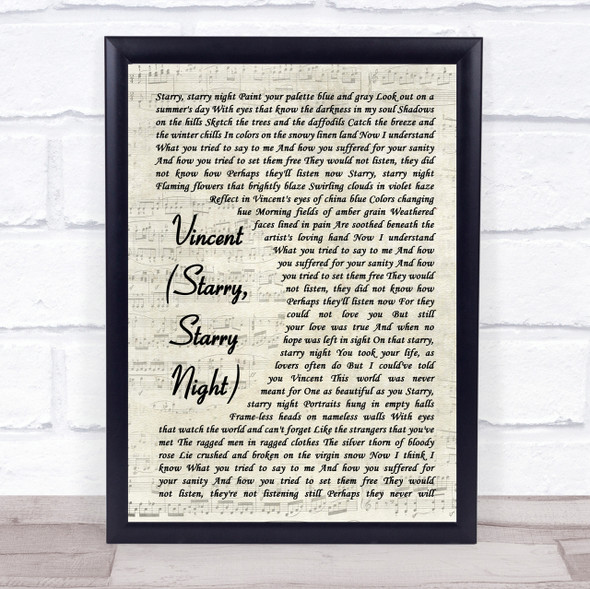 Don McLean Vincent (Starry, Starry Night) Vintage Script Song Lyric Quote Print